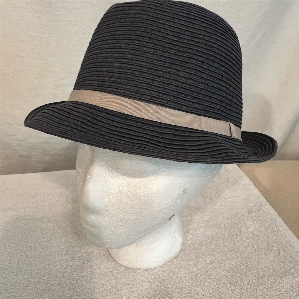H&M Unisex Navy Blue Trilby Fedora Hat with Beige Band Size M paper straw